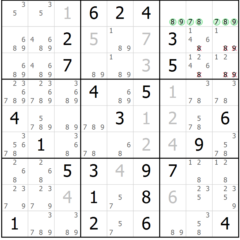 Position des candidats pour la solution de la Gr 9 page 12 du magazine de sudoku Maestro n° 086