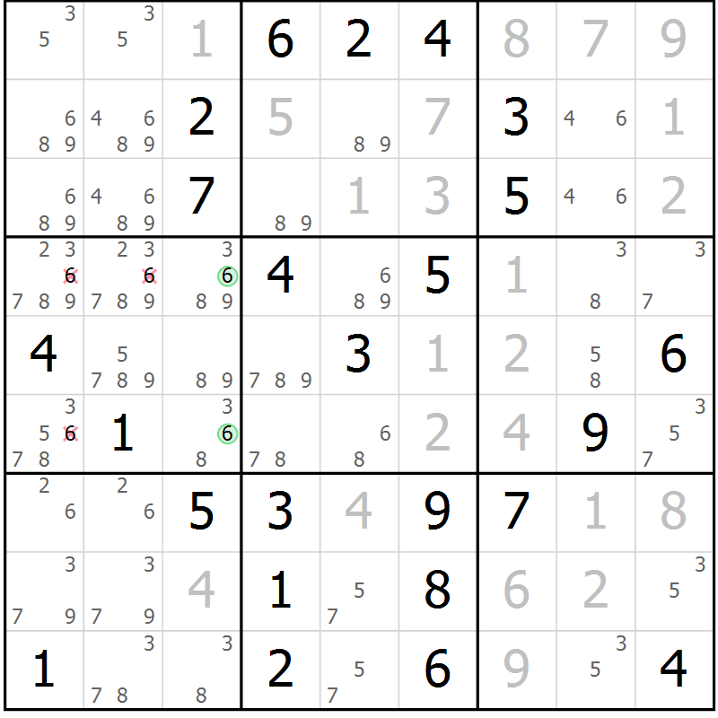 Position des candidats pour la solution de la Gr 9 page 12 du magazine de sudoku Maestro n° 086