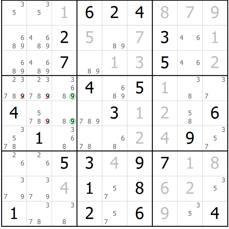 Position des candidats pour la solution de la Gr 9 page 12 du magazine de sudoku Maestro n° 086