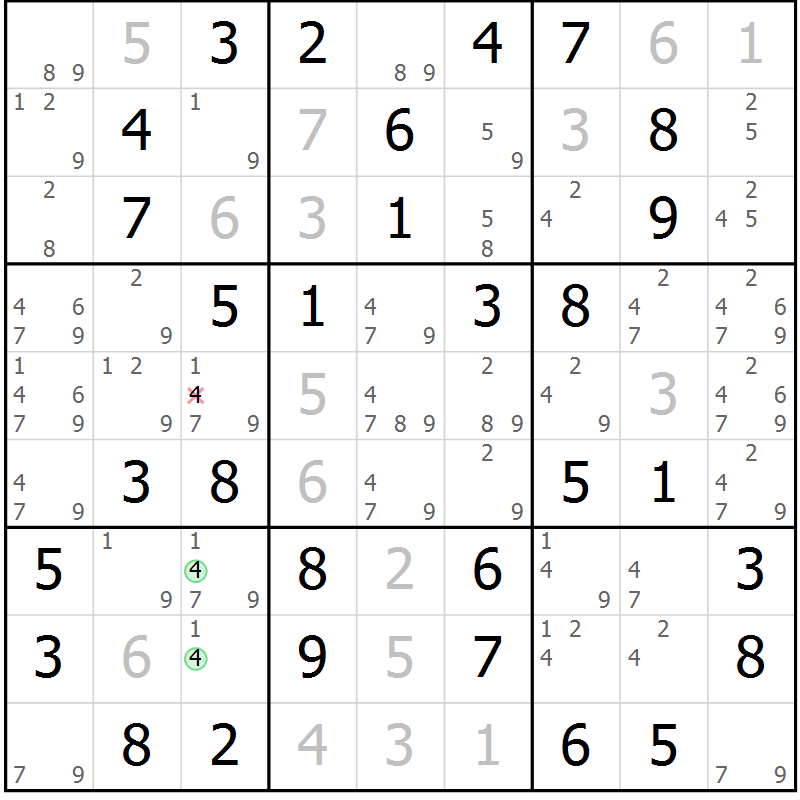 Position des candidats pour la solution de la Gr 1 page 4 du magazine de sudoku Maestro n° 087