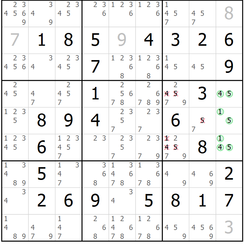 Position des candidats pour la solution de la Gr 10 page 13 du magazine de sudoku Maestro n° 087
