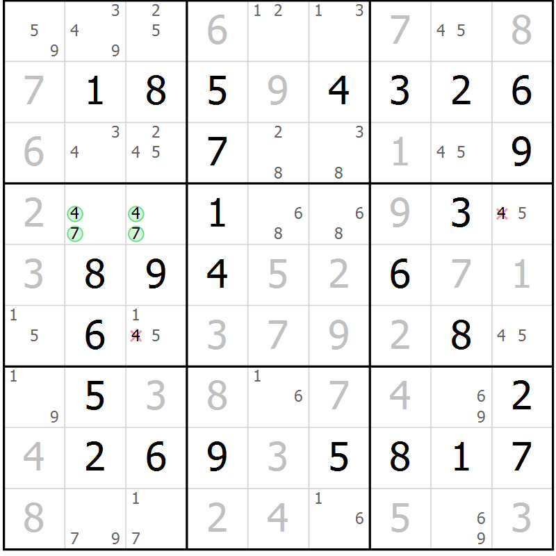 Position des candidats pour la solution de la Gr 10 page 13 du magazine de sudoku Maestro n° 087