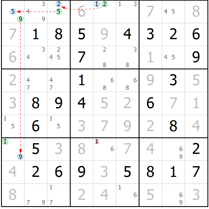 Position des candidats pour la solution de la Gr 10 page 13 du magazine de sudoku Maestro n° 087
