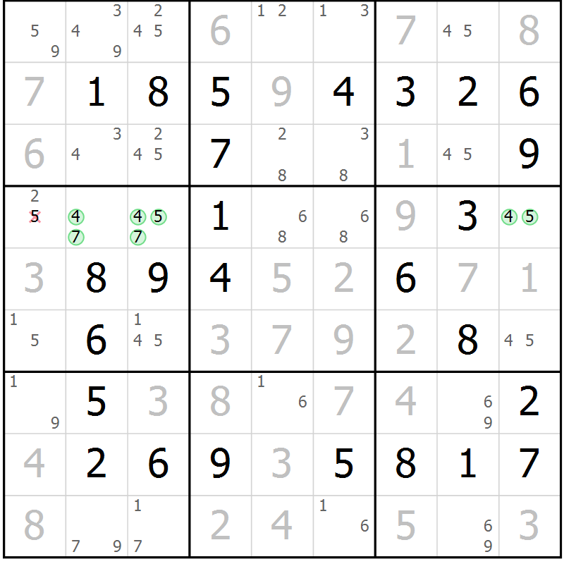 Position des candidats pour la solution de la Gr 10 page 13 du magazine de sudoku Maestro n° 087