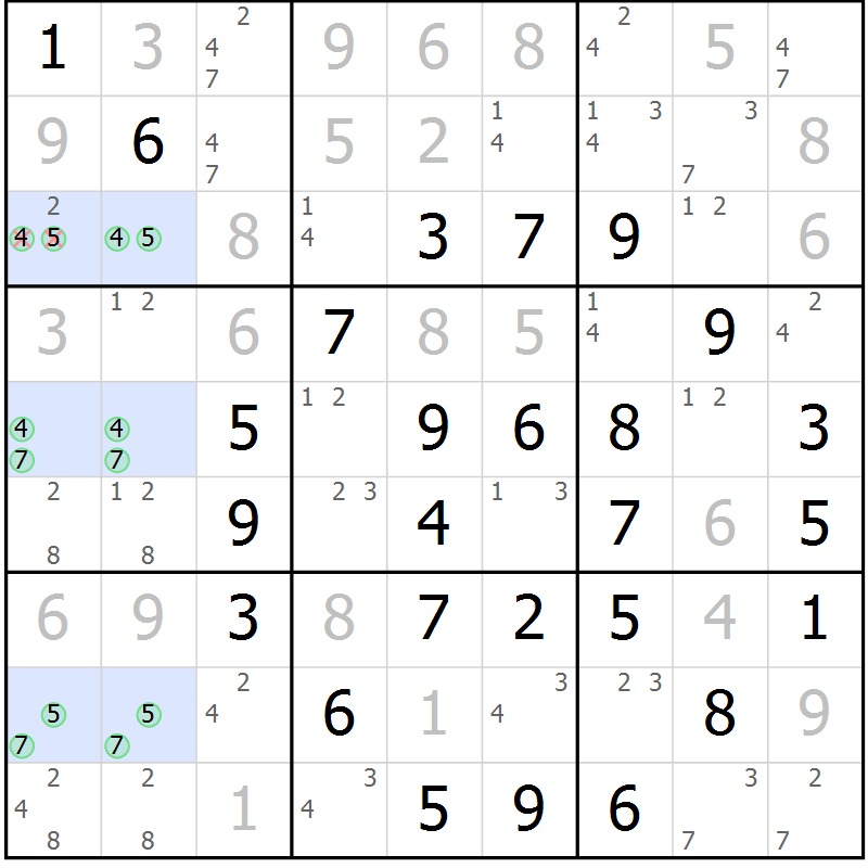 Position des candidats pour la solution de la Gr 11 page 14 du magazine de sudoku Maestro n° 087