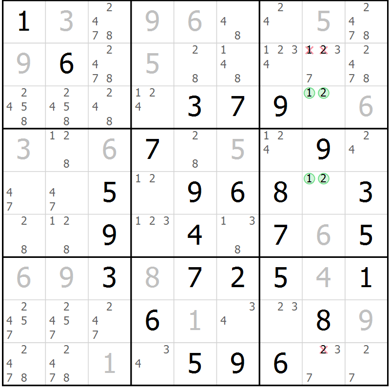 Position des candidats pour la solution de la Gr 11 page 14 du magazine de sudoku Maestro n° 087