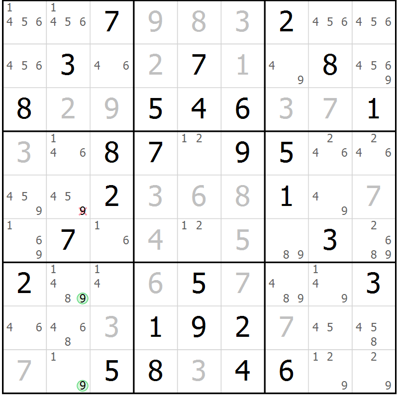 Position des candidats pour la solution de la Gr 13 page 16 du magazine de sudoku Maestro n° 087