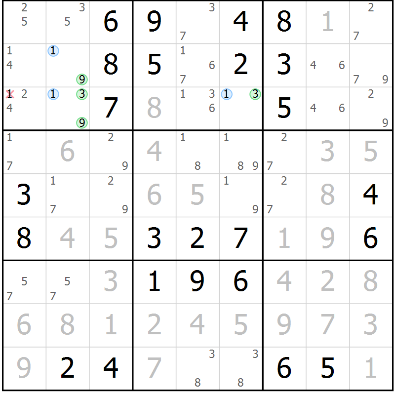 Position des candidats pour la solution de la Gr 15 page 18 du magazine de sudoku Maestro n° 087