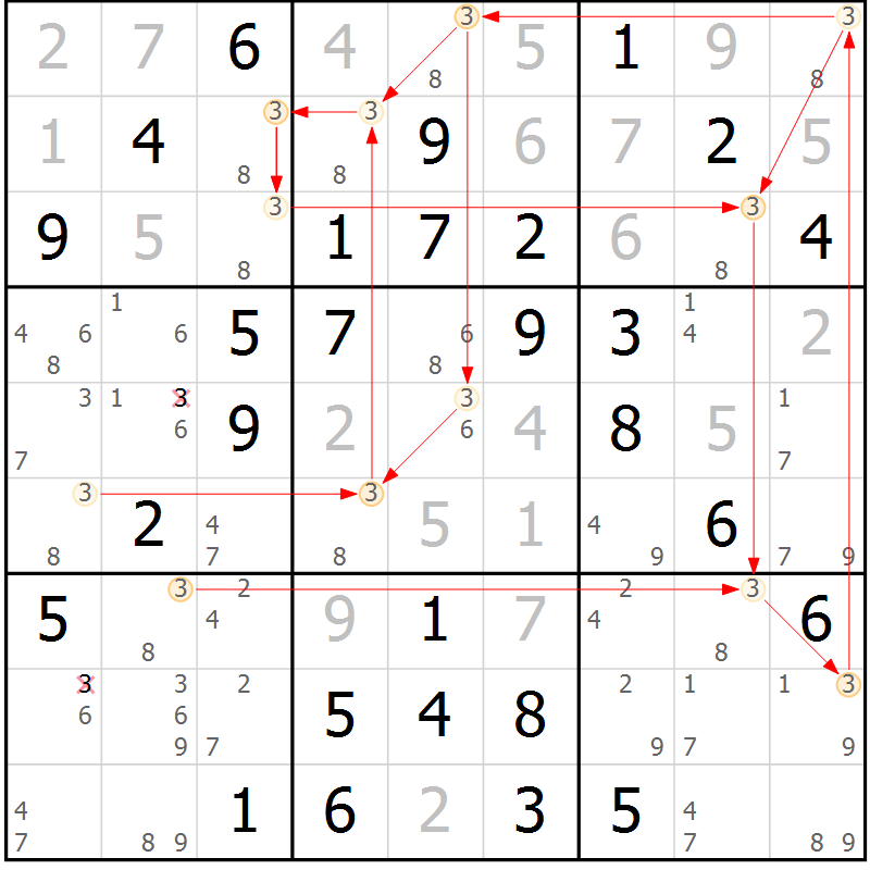 Position des candidats pour la solution de la Gr 16 page 19 du magazine de sudoku Maestro n° 087