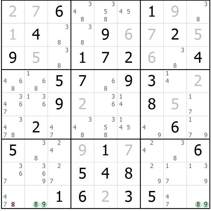 Position des candidats pour la solution de la Gr 16 page 19 du magazine de sudoku Maestro n° 087