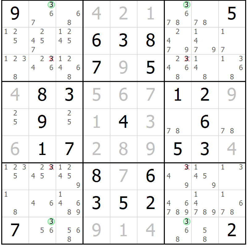 Position des candidats pour la solution de la Gr 18 page 21 du magazine de sudoku Maestro n° 087
