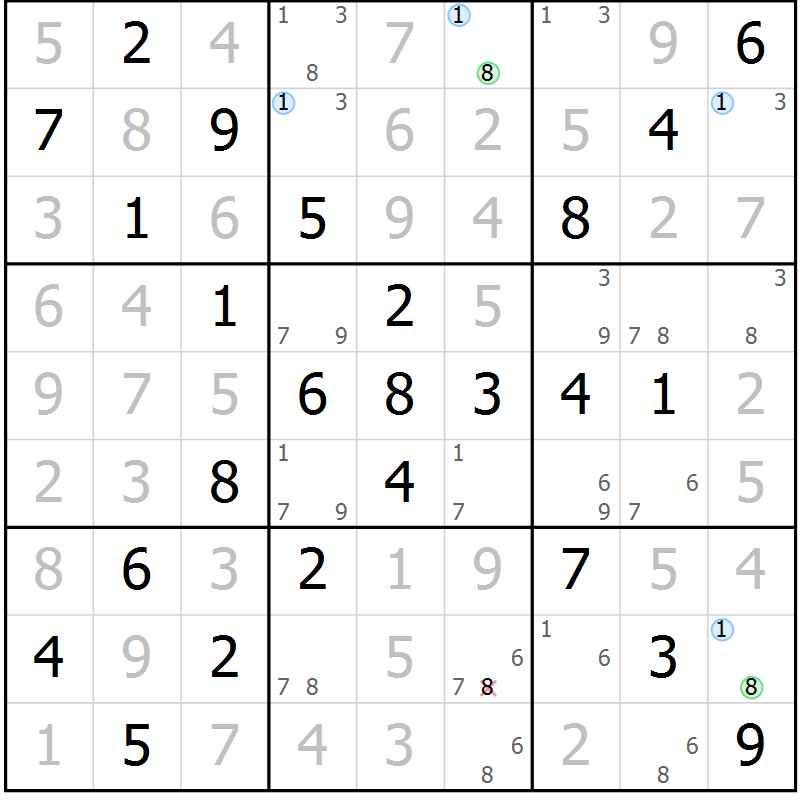 Position des candidats pour la solution de la Gr 2 page 5 du magazine de sudoku Maestro n° 087