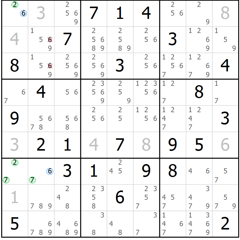Position des candidats pour la solution de la Gr 23 page 26 du magazine de sudoku Maestro n° 087