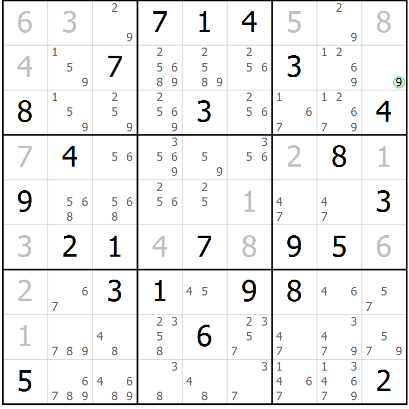 Position des candidats pour la solution de la Gr 23 page 26 du magazine de sudoku Maestro n° 087