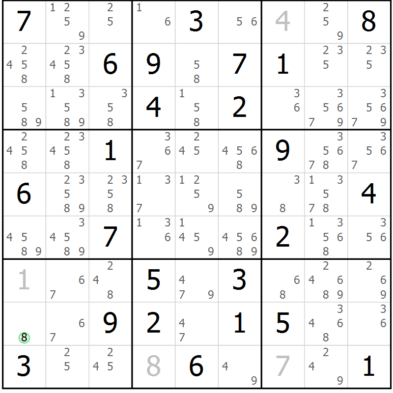 Position des candidats pour la solution de la Gr 25 page 28 du magazine de sudoku Maestro n° 087