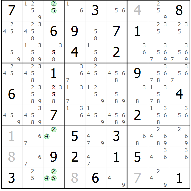 Position des candidats pour la solution de la Gr 25 page 28 du magazine de sudoku Maestro n° 087