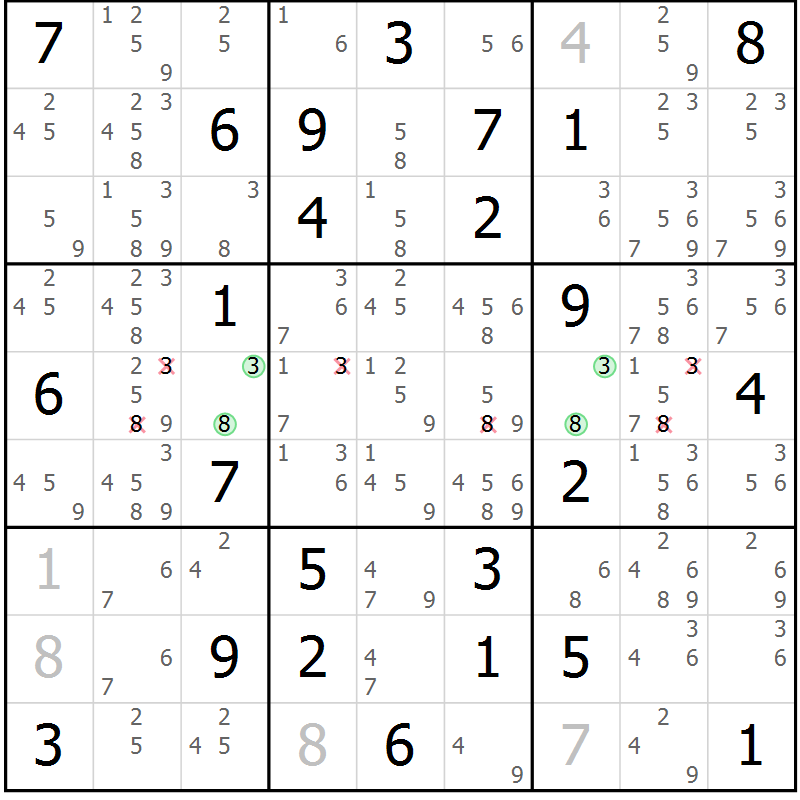 Position des candidats pour la solution de la Gr 25 page 28 du magazine de sudoku Maestro n° 087