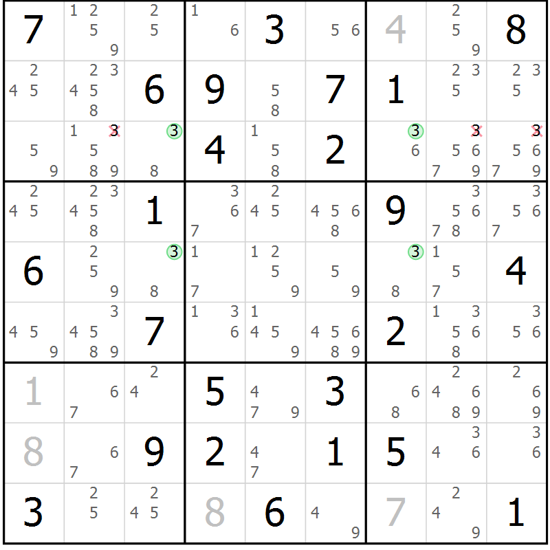 Position des candidats pour la solution de la Gr 25 page 28 du magazine de sudoku Maestro n° 087