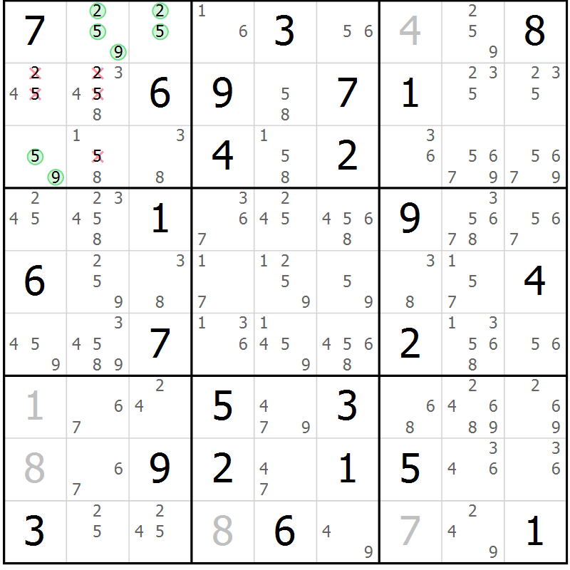 Position des candidats pour la solution de la Gr 25 page 28 du magazine de sudoku Maestro n° 087