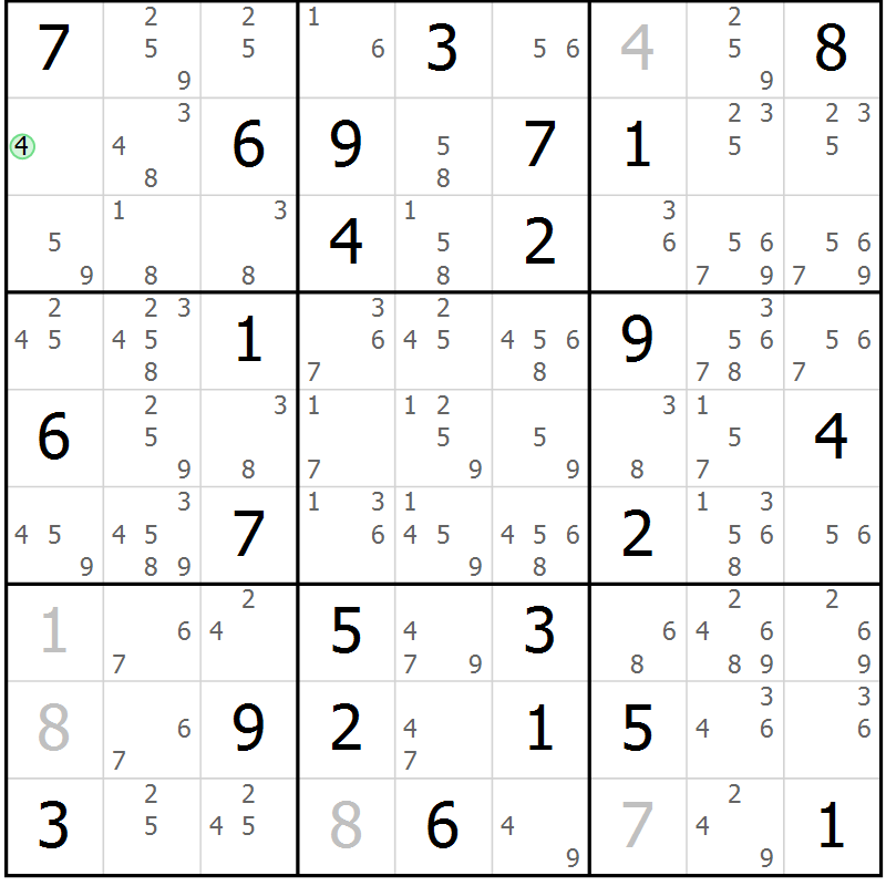 Position des candidats pour la solution de la Gr 25 page 28 du magazine de sudoku Maestro n° 087