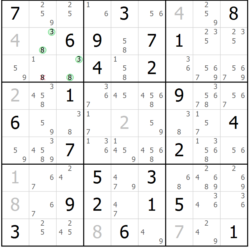 Position des candidats pour la solution de la Gr 25 page 28 du magazine de sudoku Maestro n° 087