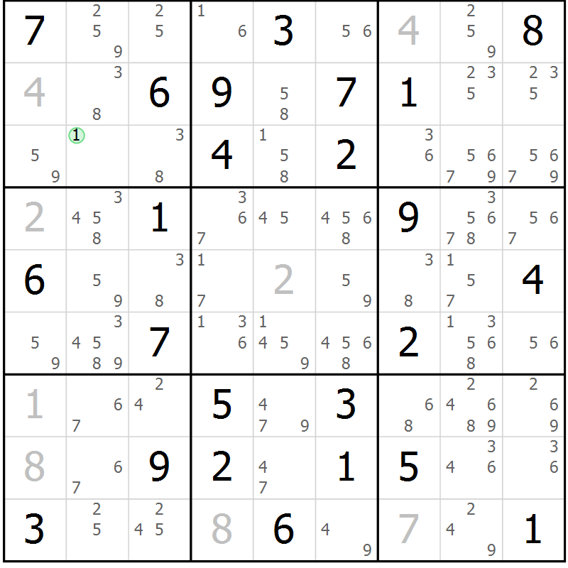 Position des candidats pour la solution de la Gr 25 page 28 du magazine de sudoku Maestro n° 087