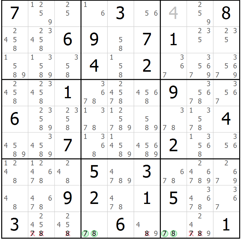 Position des candidats pour la solution de la Gr 25 page 28 du magazine de sudoku Maestro n° 087