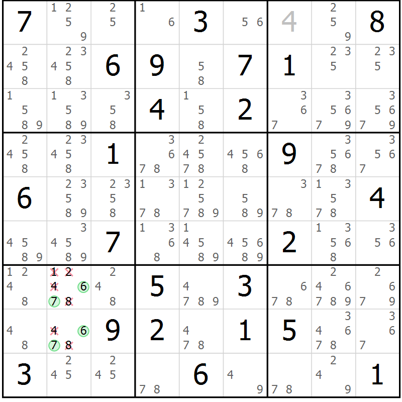 Position des candidats pour la solution de la Gr 25 page 28 du magazine de sudoku Maestro n° 087