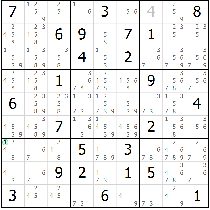 Position des candidats pour la solution de la Gr 25 page 28 du magazine de sudoku Maestro n° 087