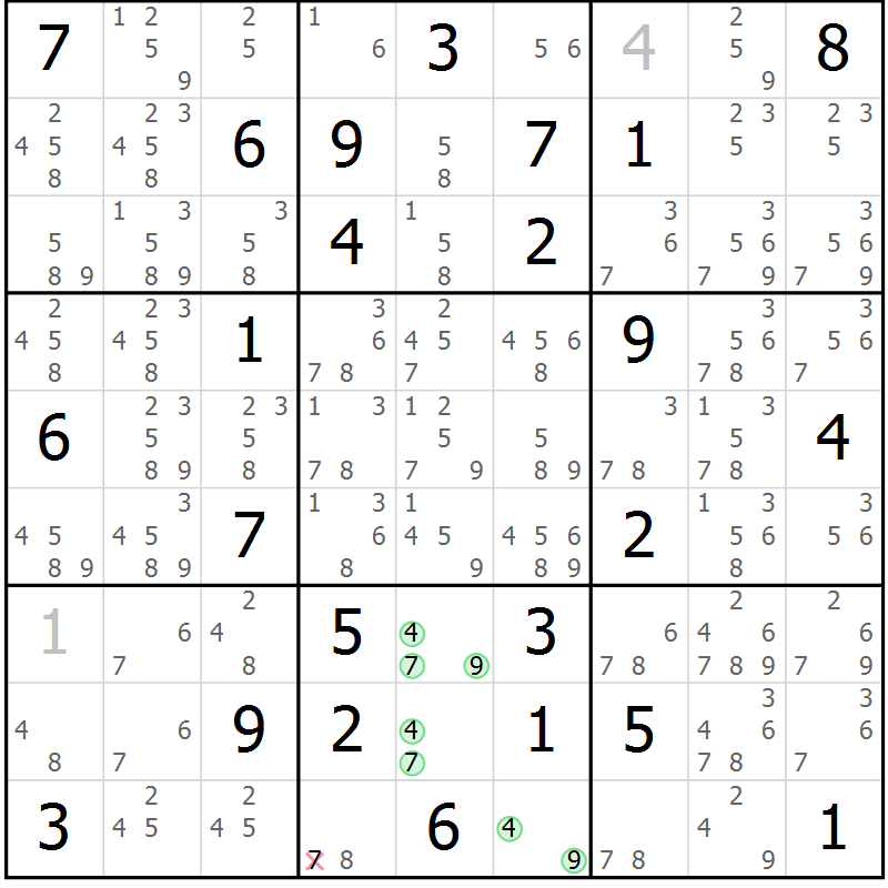 Position des candidats pour la solution de la Gr 25 page 28 du magazine de sudoku Maestro n° 087
