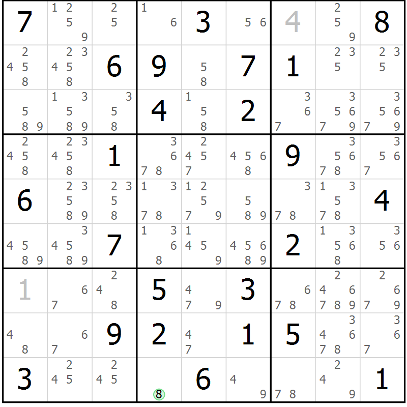 Position des candidats pour la solution de la Gr 25 page 28 du magazine de sudoku Maestro n° 087