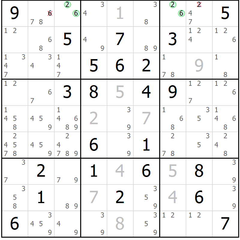 Position des candidats pour la solution de la Gr 26 page 29 du magazine de sudoku Maestro n° 087