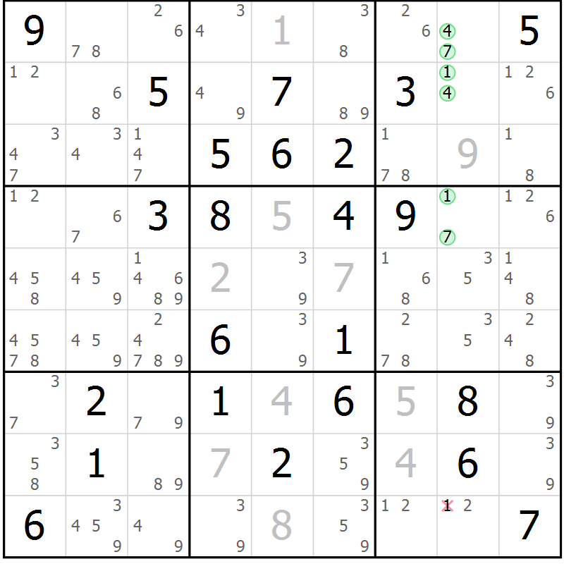 Position des candidats pour la solution de la Gr 26 page 29 du magazine de sudoku Maestro n° 087