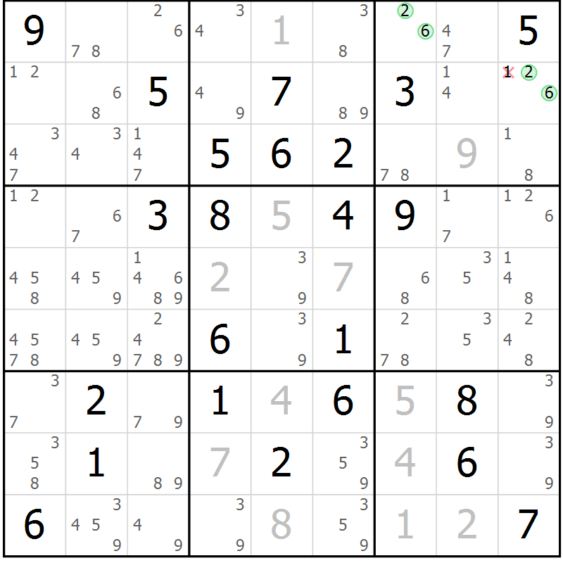 Position des candidats pour la solution de la Gr 26 page 29 du magazine de sudoku Maestro n° 087