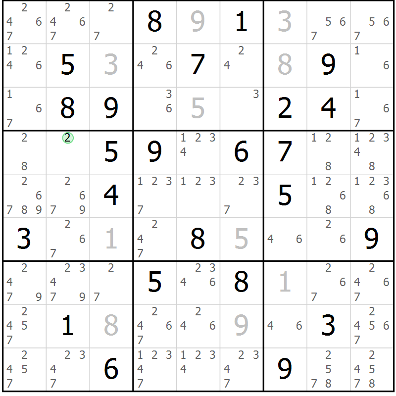 Position des candidats pour la solution de la Gr 28 page 31 du magazine de sudoku Maestro n° 087