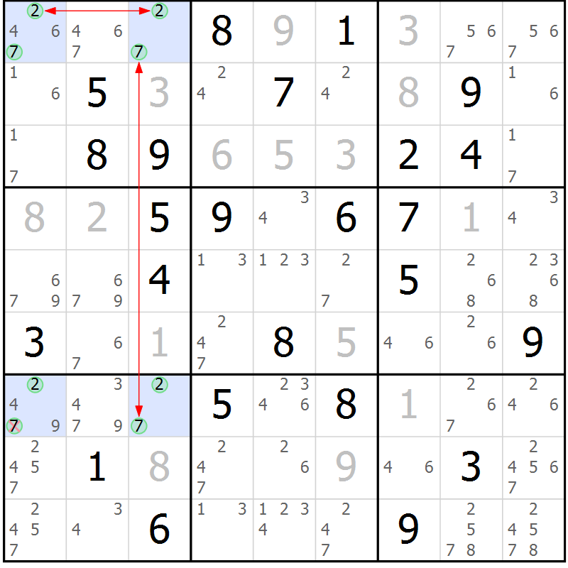 Position des candidats pour la solution de la Gr 28 page 31 du magazine de sudoku Maestro n° 087
