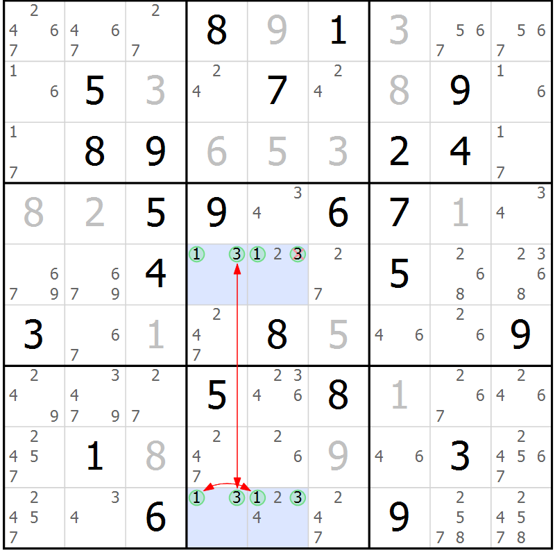 Position des candidats pour la solution de la Gr 28 page 31 du magazine de sudoku Maestro n° 087