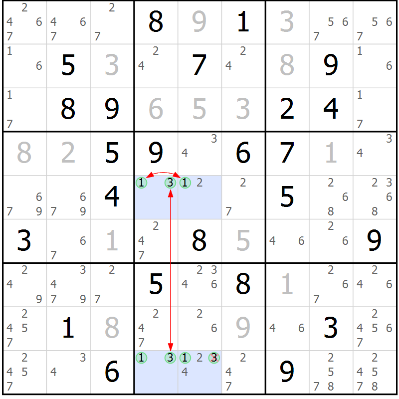Position des candidats pour la solution de la Gr 28 page 31 du magazine de sudoku Maestro n° 087