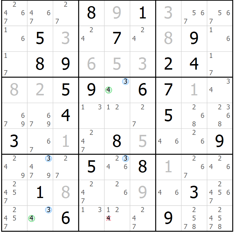 Position des candidats pour la solution de la Gr 28 page 31 du magazine de sudoku Maestro n° 087