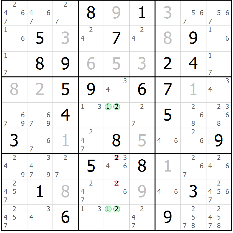Position des candidats pour la solution de la Gr 28 page 31 du magazine de sudoku Maestro n° 087