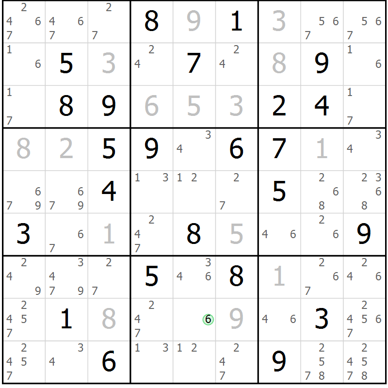 Position des candidats pour la solution de la Gr 28 page 31 du magazine de sudoku Maestro n° 087