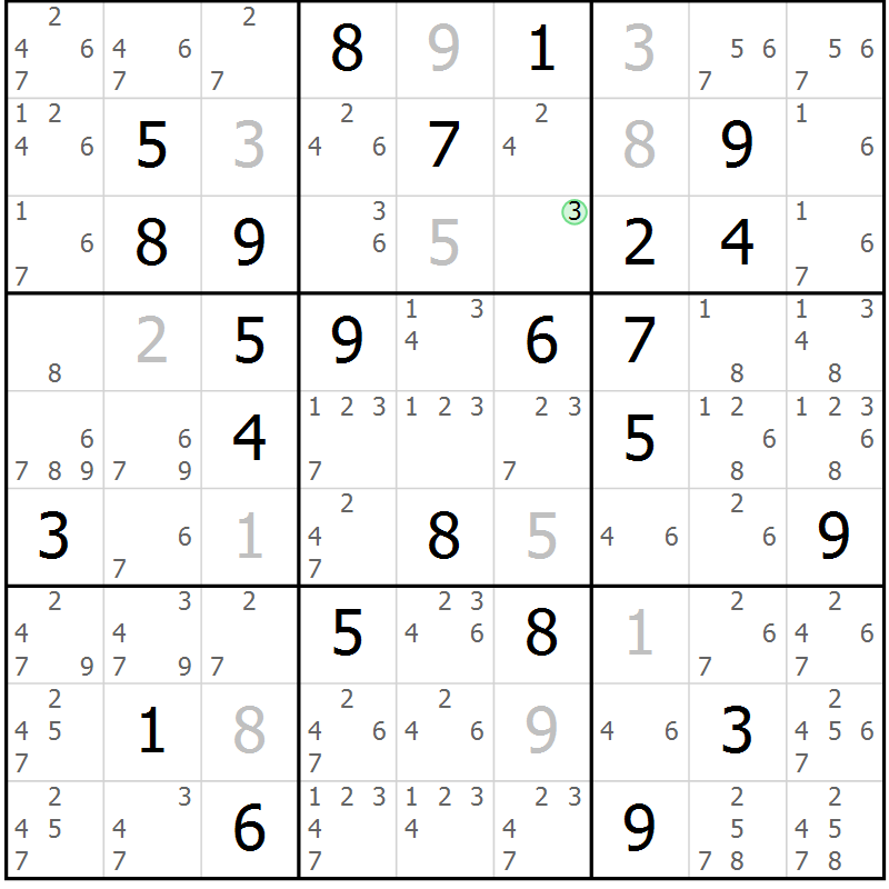 Position des candidats pour la solution de la Gr 28 page 31 du magazine de sudoku Maestro n° 087