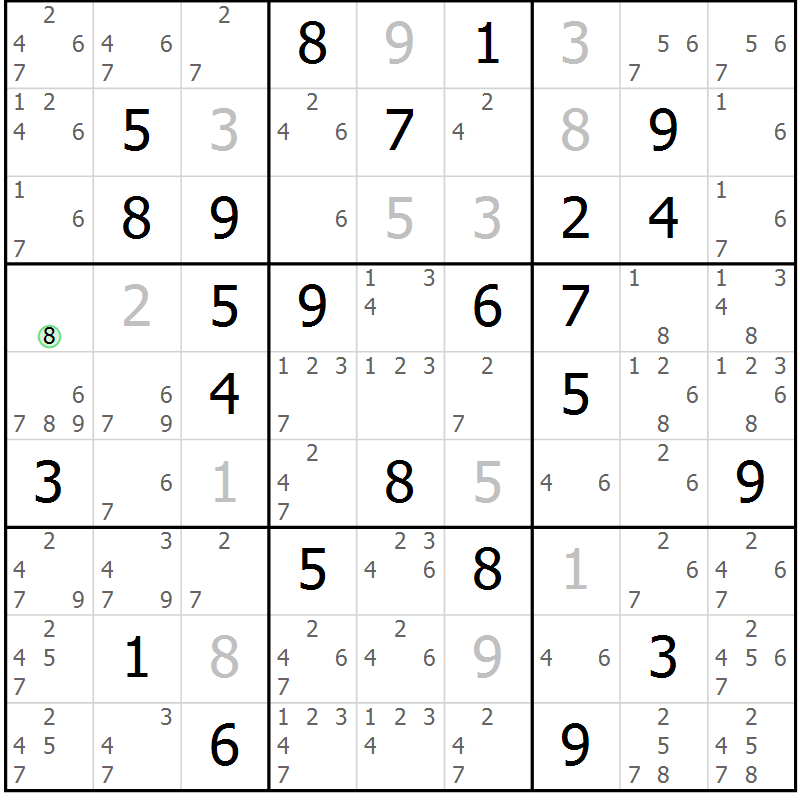 Position des candidats pour la solution de la Gr 28 page 31 du magazine de sudoku Maestro n° 087