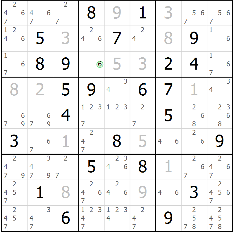 Position des candidats pour la solution de la Gr 28 page 31 du magazine de sudoku Maestro n° 087
