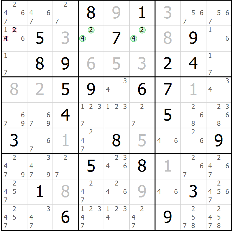 Position des candidats pour la solution de la Gr 28 page 31 du magazine de sudoku Maestro n° 087