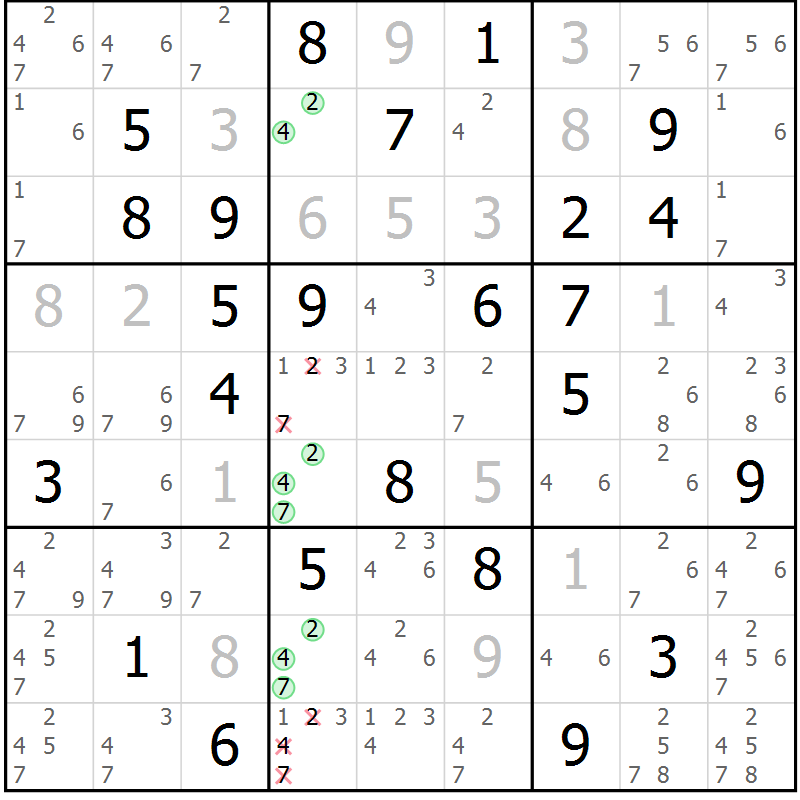 Position des candidats pour la solution de la Gr 28 page 31 du magazine de sudoku Maestro n° 087