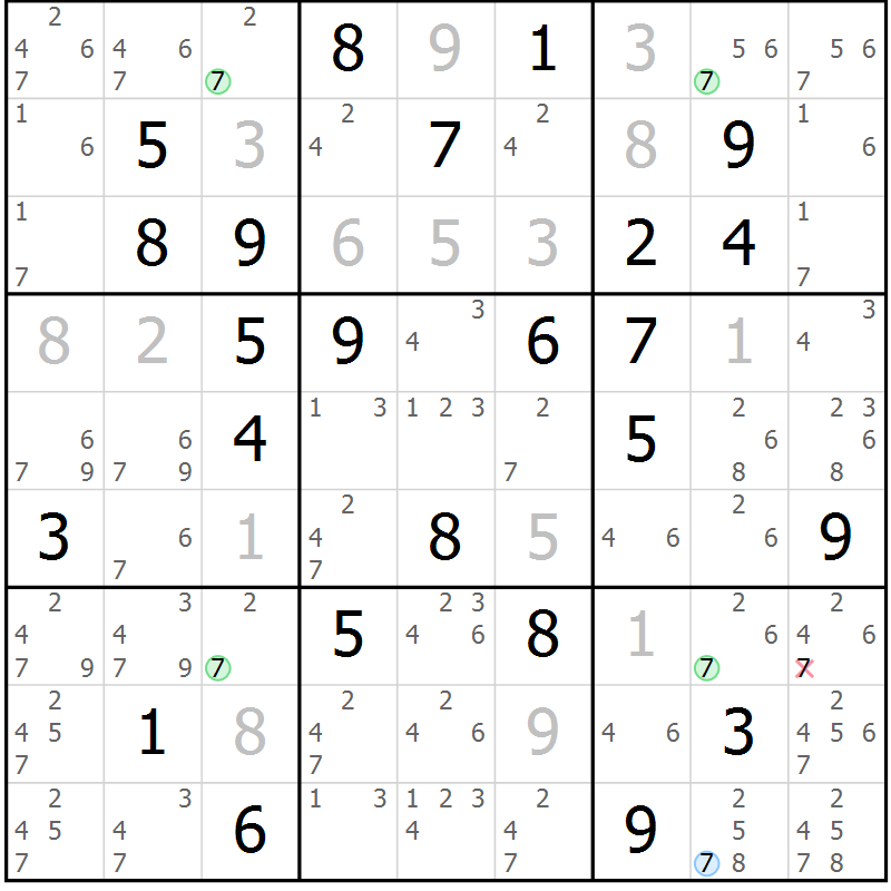 Position des candidats pour la solution de la Gr 28 page 31 du magazine de sudoku Maestro n° 087
