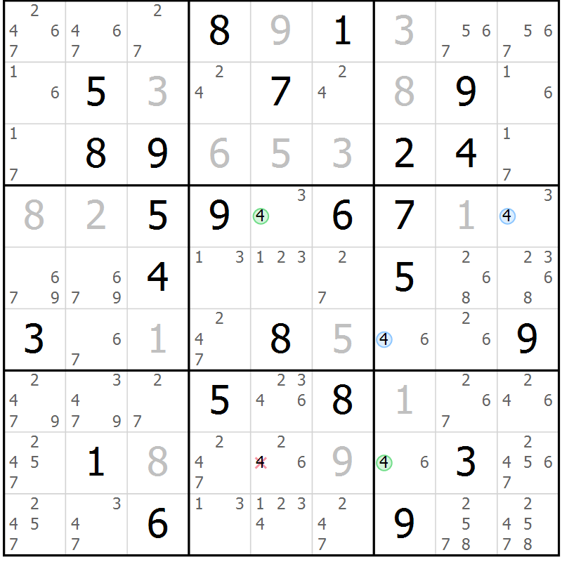 Position des candidats pour la solution de la Gr 28 page 31 du magazine de sudoku Maestro n° 087