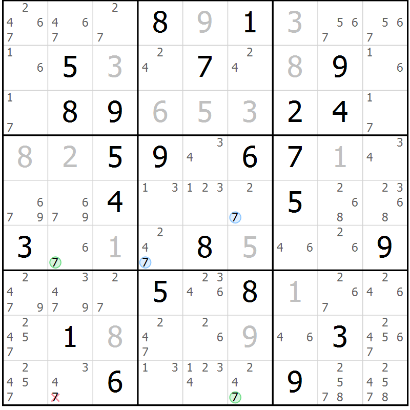 Position des candidats pour la solution de la Gr 28 page 31 du magazine de sudoku Maestro n° 087