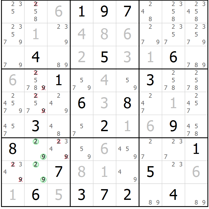 Position des candidats pour la solution de la Gr 29 page 32 du magazine de sudoku Maestro n° 087